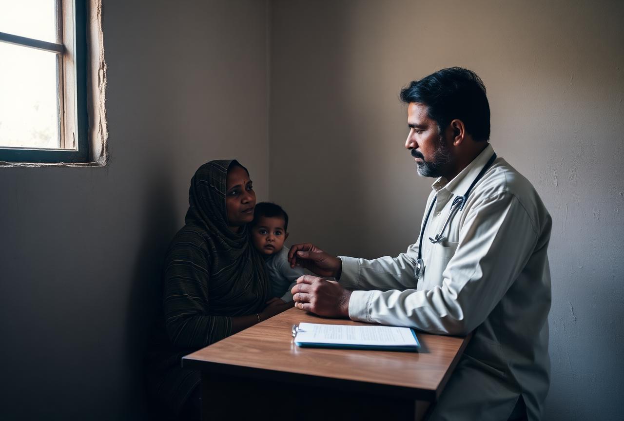 A doctor at a small community health clinic in Mirpur seeing a mother and child