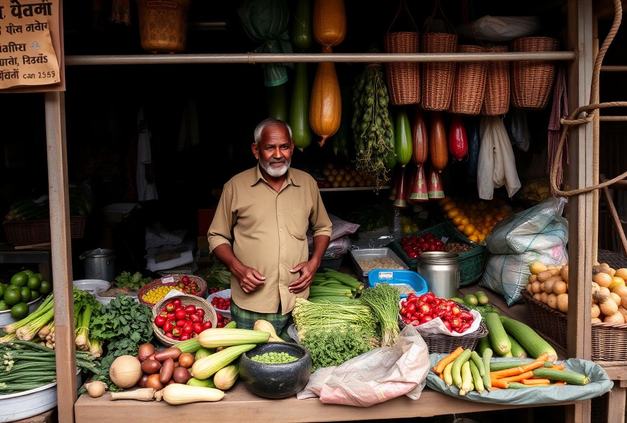 A market stall trader in Mirpur with vegetables on a wooden counter